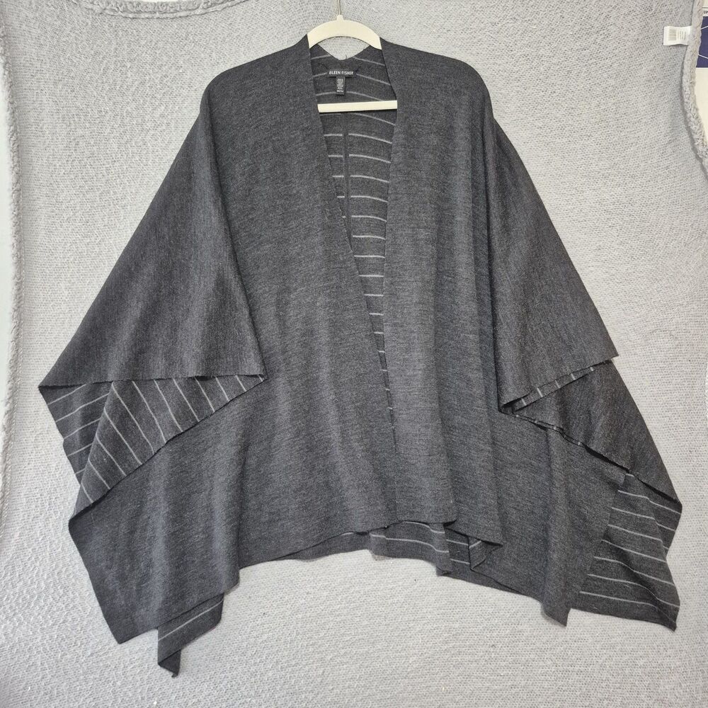 Eileen Fisher Womens OS Gray White Striped Poncho Wrap Shawl Merino Wool